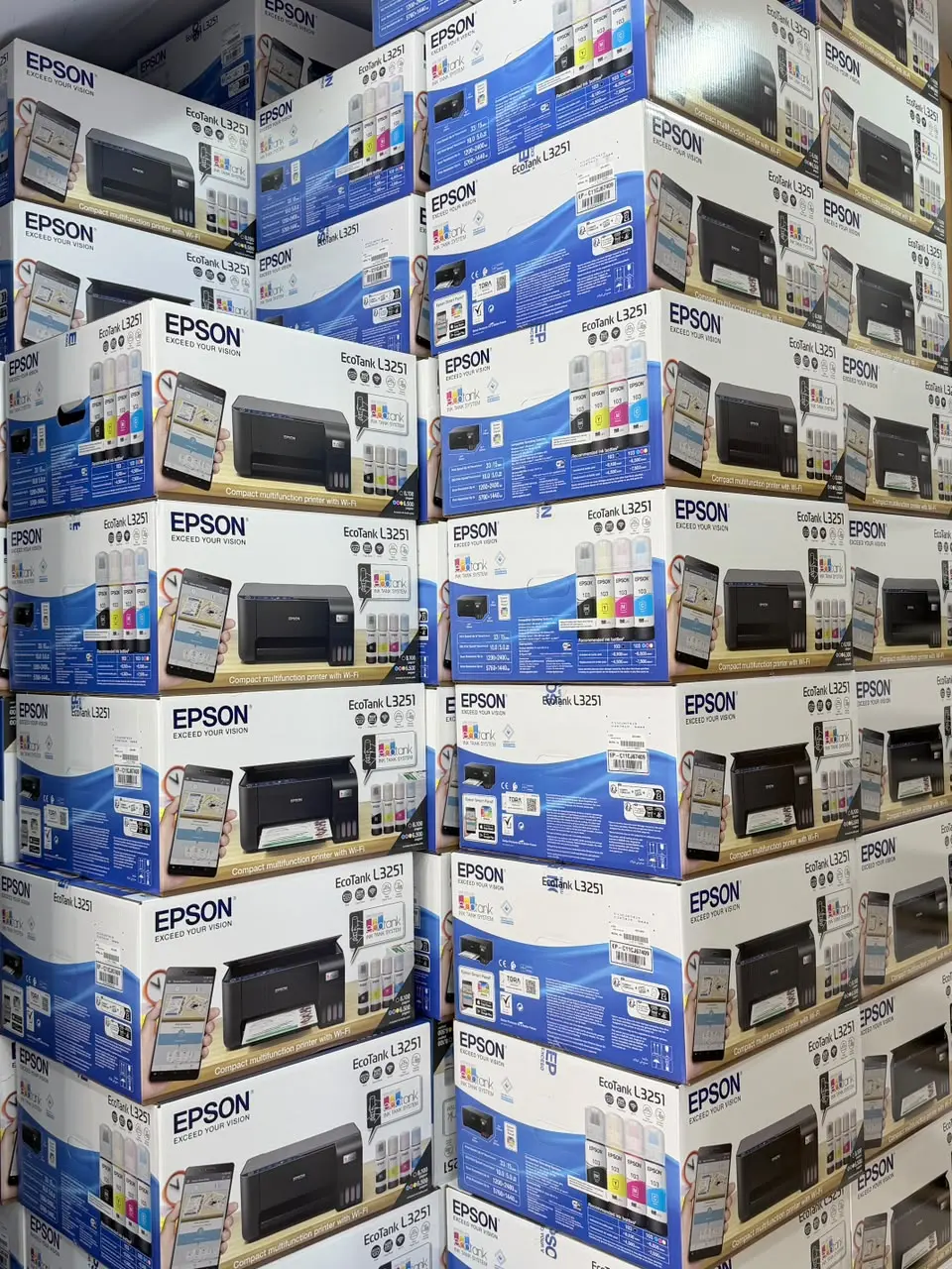 Epson printers stacked high in the showroom